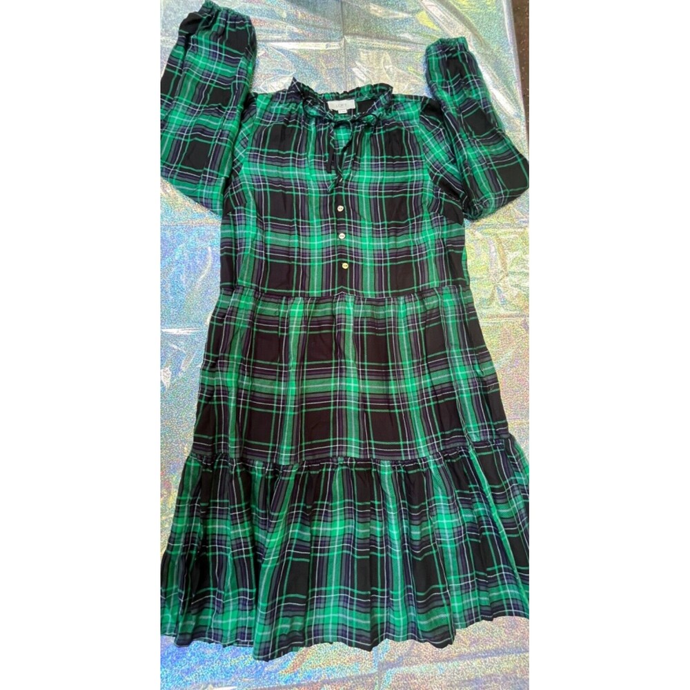 LOFT Tartan Plaid Puff Sleeve Tiered Dress Womens XS Green Blue Modern Grunge